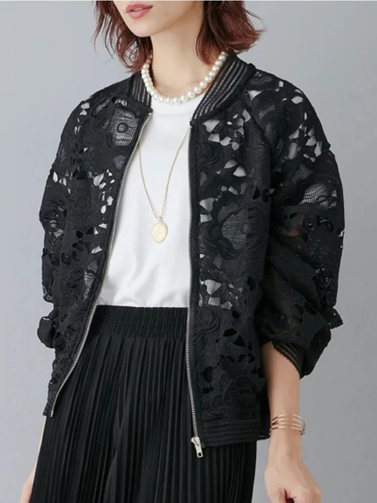 

Hollow Out Lace Coat Women 2026 Ropa Mujer Long Sleeve Loose Korean Summer Y2k Tops Zipper Stand Neck Casual All Match Jackets
