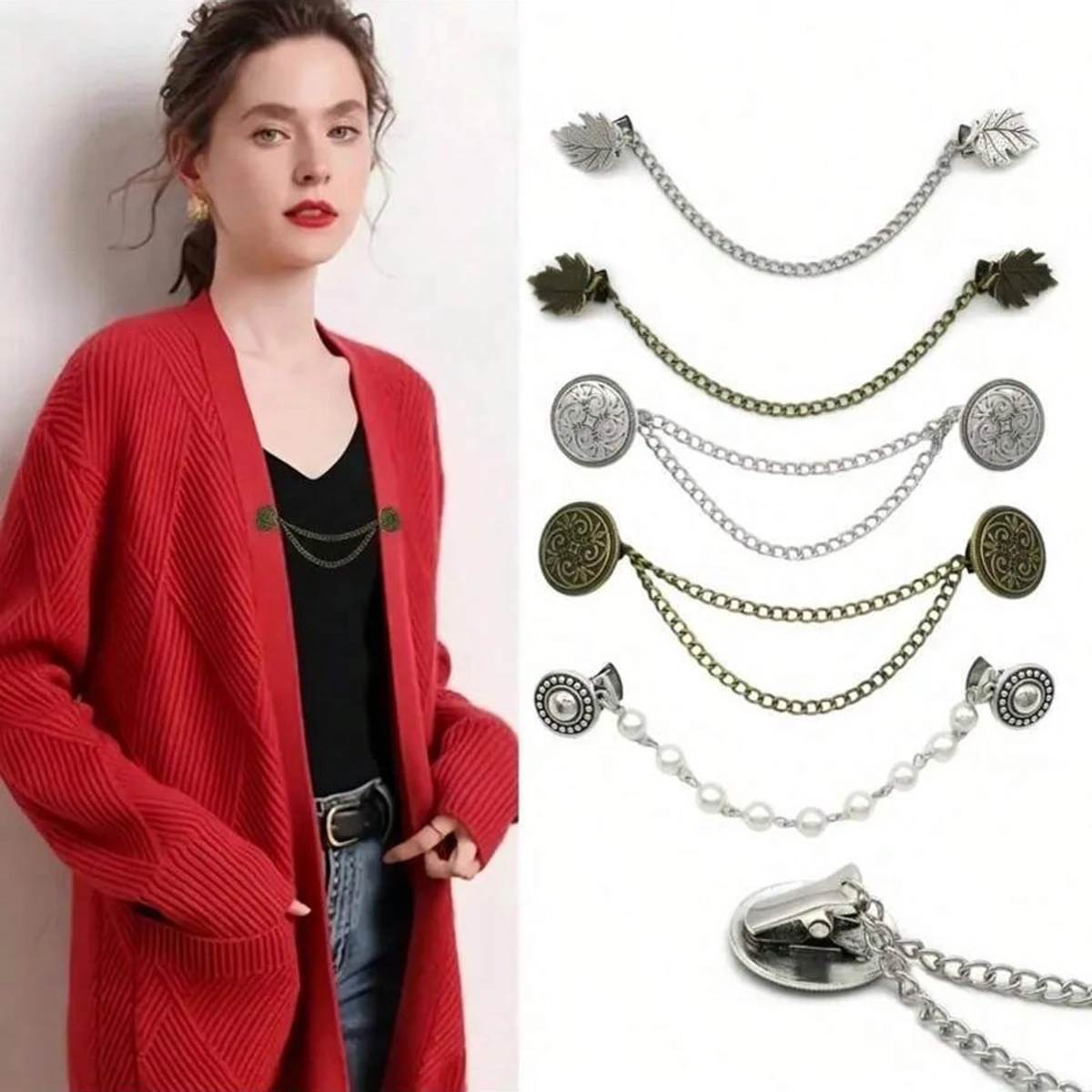 1 قطعة مقاطع سترة خمر-مشابك سترة أنيقة مضادة للتسرب ، وشاح ريترو بروش دبابيس سترة كليب مع سلاسل