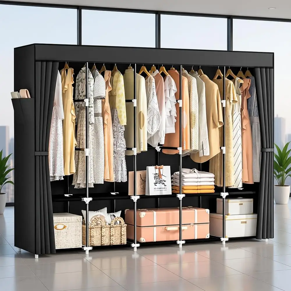 

83 Портативный шкаф большой вместимости с крышкой, 5 стержней и 10 полками для хранения одежды