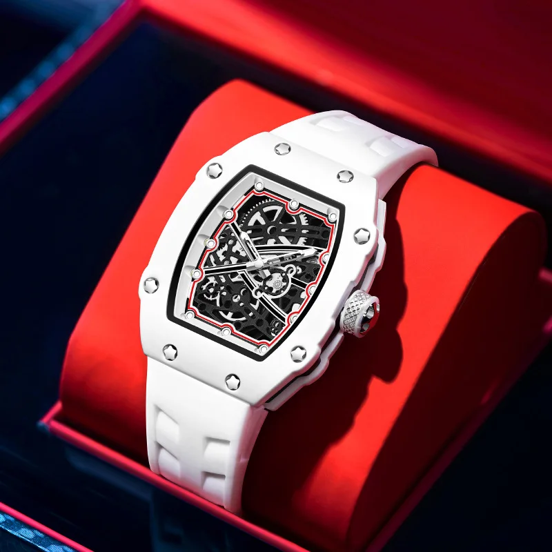 Tonneau-Gehäuse Trendige Ultradünne Quarz-Armbanduhr für Herren Kreatives Hohldesign Super Leuchtend Wasserdicht Personalisierbare AAA-Uhr