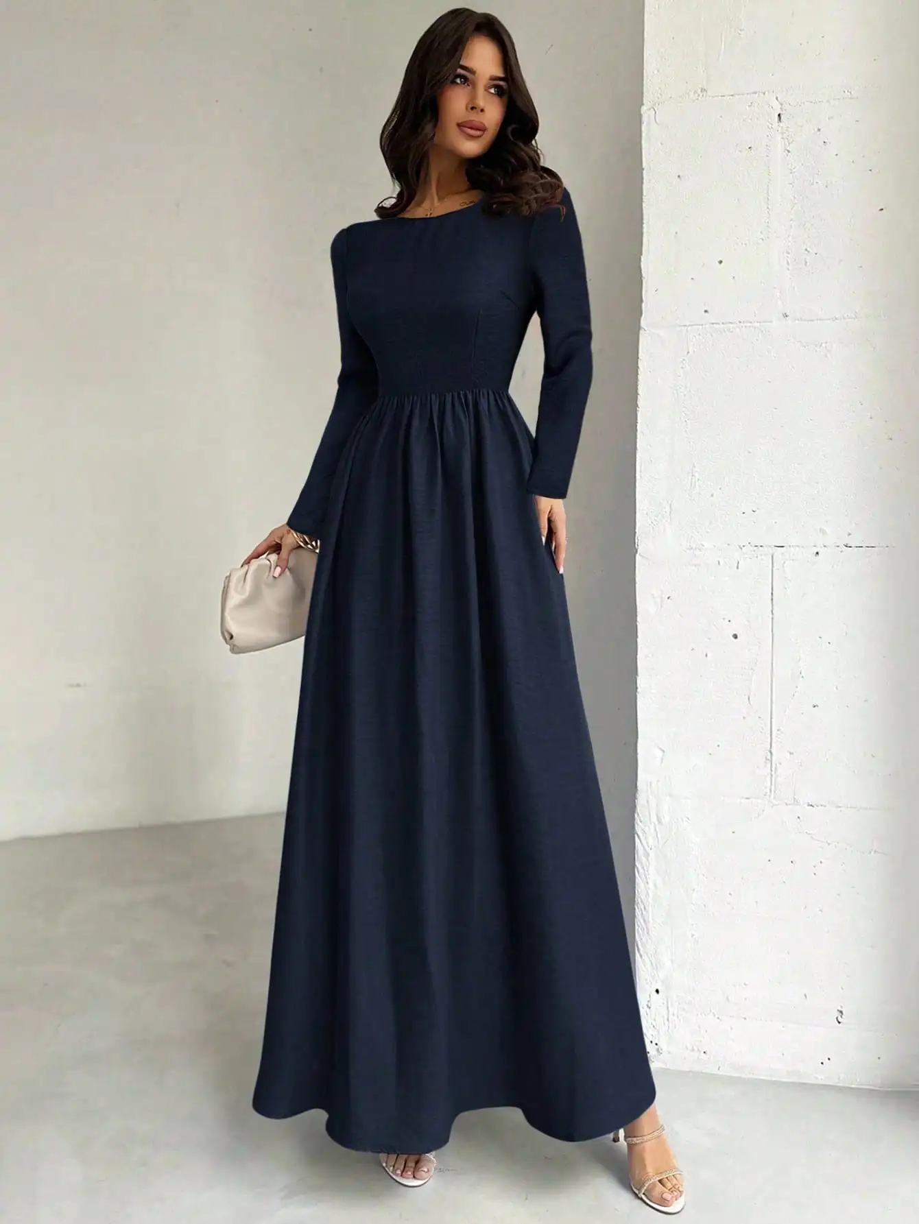 خريف جديد النمط الفرنسي فستان طويل الأكمام الخصر cinched ألف خط تنورة طويلة #4