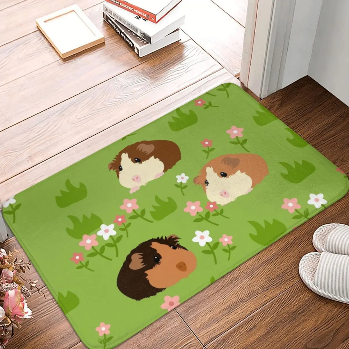 Guinea Pig with Flowers Green Grass Door Mat Bathroom Kitchen Balcony Carpet Decoration Floor Carpet Door Mat Anti-Slip Mat