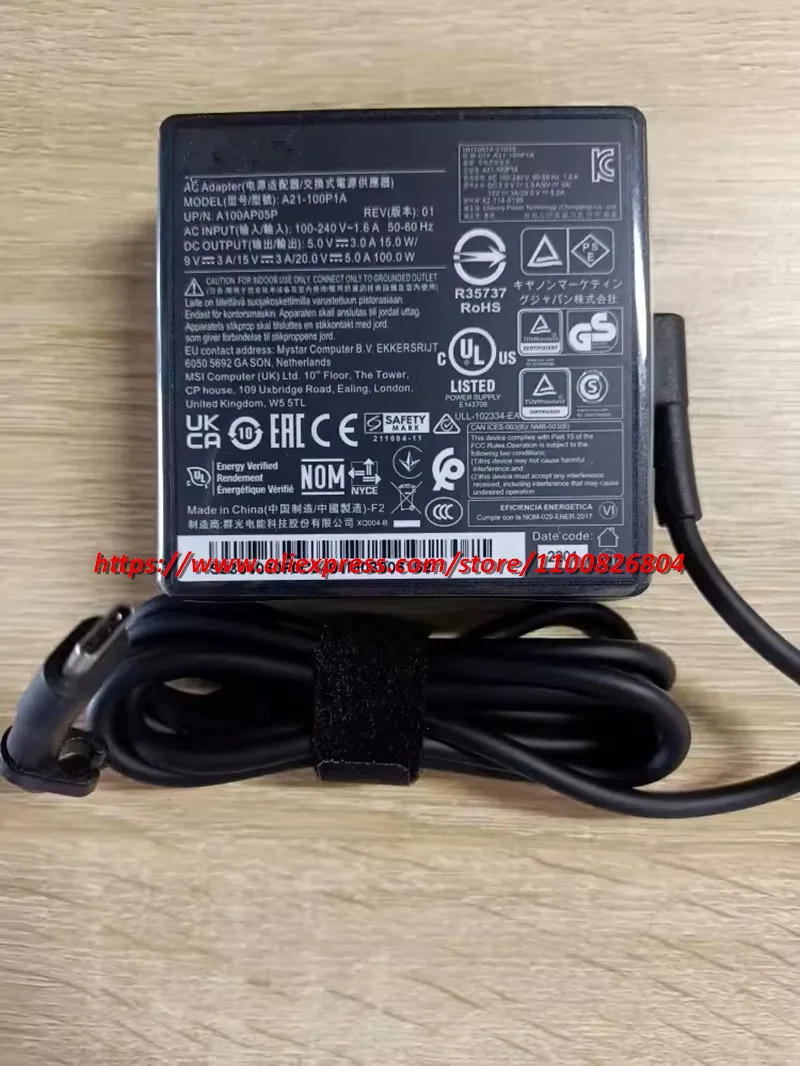 OEM asli untuk MSI 100W 20V 5A USB-C Tipe C AC adaptor pengisi daya untuk MSI Prestige 15 A12UD-005 A21-100P1A catu daya A100AP05P