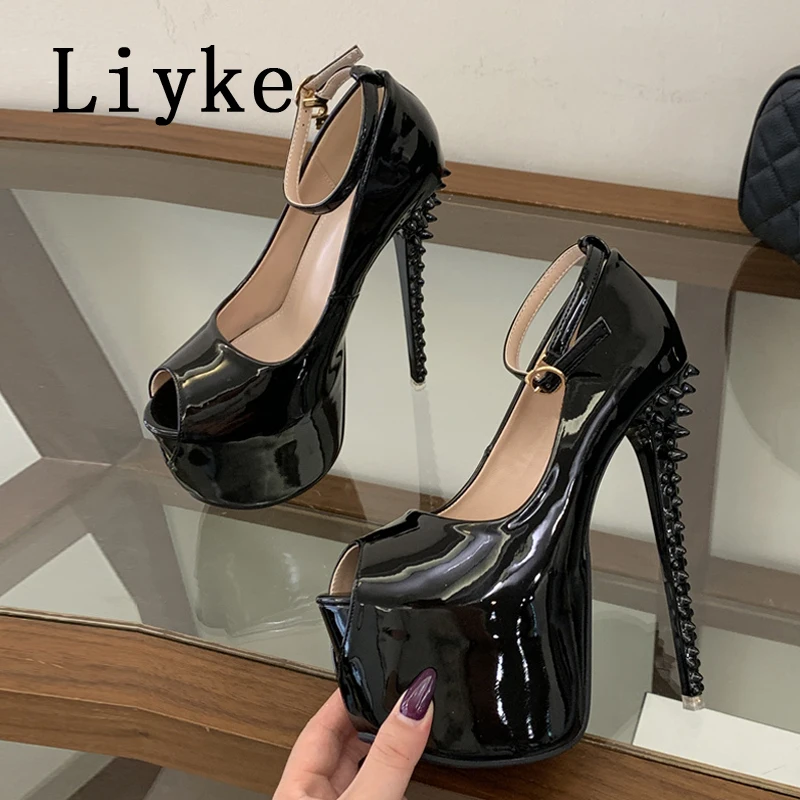 Liyke Fashion Design Rivet Stiletto Heeled Fetish Sandals Platform Pumps Women Walking Show Artifact Model Super High Heels Shoe - view 5