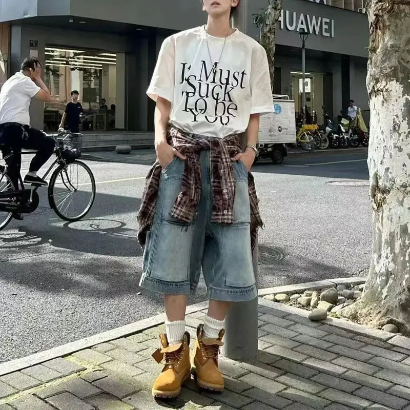 T-shirts décontractés imprimés style américain à col rond pour hommes, style jeune, manches courtes, coupe ample et tendance pour l'été