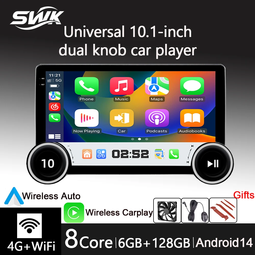 

Для универсального 10,1-дюймового автомобильного плеер с двумя ручками, Wi-Fi, 4G, автомобильное умное радио, Android14, двойная ручка dsp BT, GPS-навигация, беспроводной Carplay