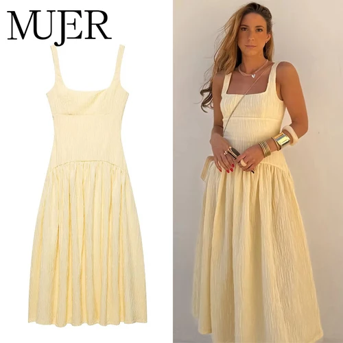 MUJER 2025 vestido largo plisado para mujer, vestido Midi amarillo sin cordones, vestidos sexis sin espalda para mujer, vestido elegante de playa para mujer, vestido de verano