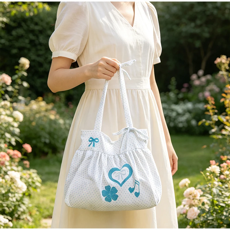 Koreanische Polka Dot Umhängetasche Damen Nylon Einkaufstasche Niedliche Schleife Love Note Bedruckte Einkaufstasche Rock Design Magnetschnalle Achseltasche – Detail 24