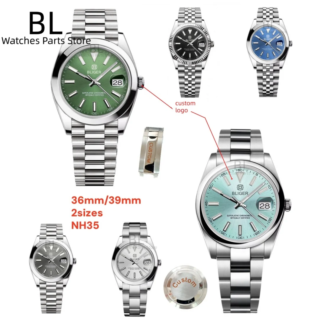 BLIGER Customizable Logo Men's Mechanical Watch Blue Sunburst Dial Date Calendar Sapphire Glass Waterproof  NH35 Automatic Reloj