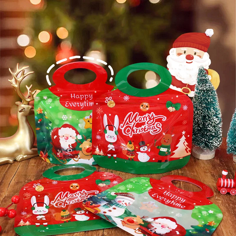 5/10Pcs Christmas Party Gift Bags With Handle Cookies Lollipop Chocolate Packaging Bag Decoration Child Favors