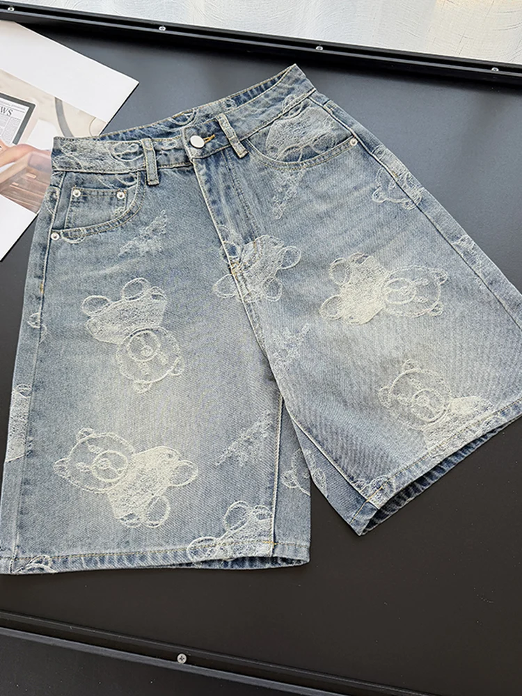 

Cartoon Embroidered High Waist Five-Point Denim Shorts Women's Summer Straight Loose Slim A-Line Mid-Pants Y097