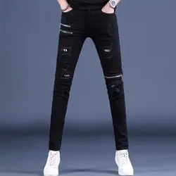 Fashion Korean Style Black Skinny Jeans knee zipper Luxury Men's Streetwear Slim Jeans with Holes Casual Wear Motorcycle Jeans