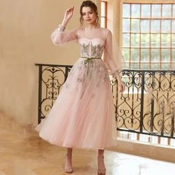 Classic Tulle Prom Dresses O-Neck Illusion Applique Long Sleeve Tea-Length with Belt Party Banquet Women's Custom Zipper Gowns