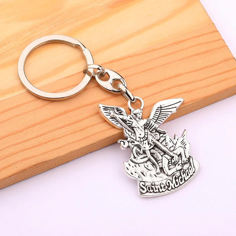 Silver Angel Saint Michael Archangel Keychain Pendant for Keys Catholic Christ Pray For Us Key Ring Religious Souvenir Gift