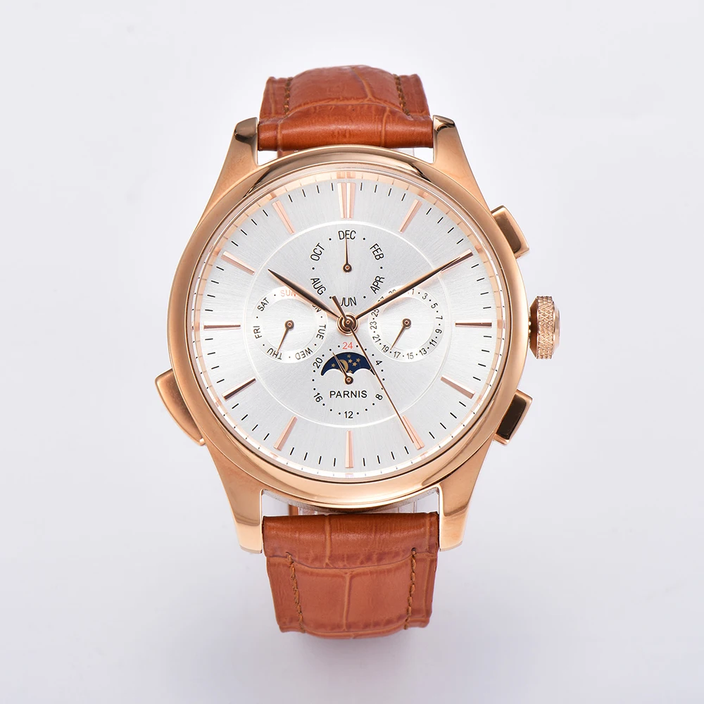 Parnis 45 mm witte wijzerplaat blauwe markeringen herenhorloge automatische mechanische kalender lederen bandhorloges