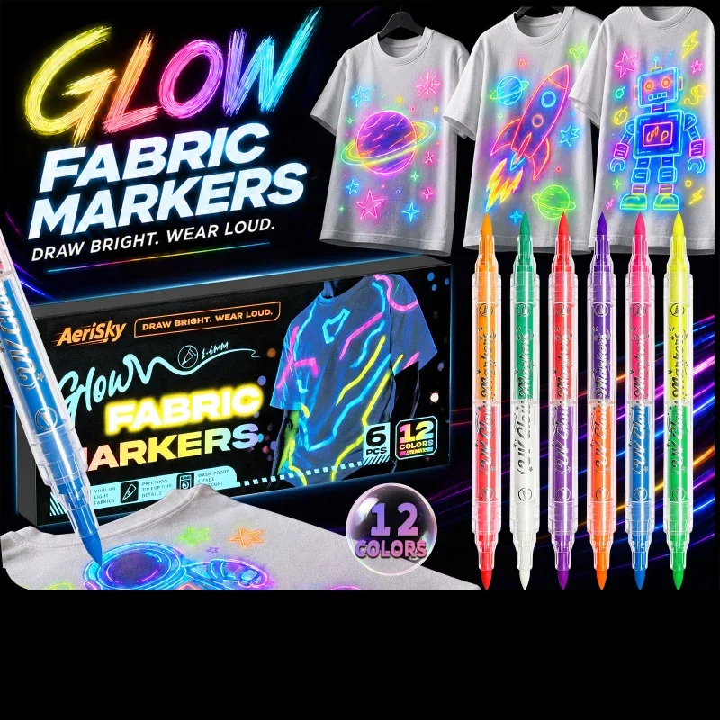 Neon Fluorescent Fabric Paint Markers 6 Pens 12 Colors Dual Tip UV Glow Pen For T Shirt Shoes Textile DIY Party Graffiti Drawing