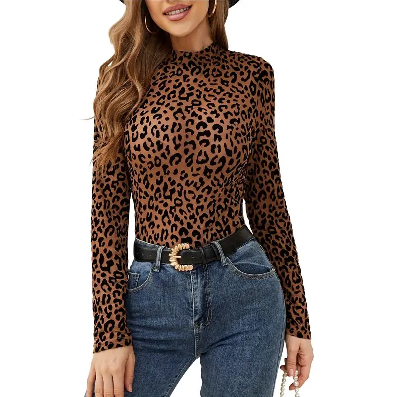 AEF6-Women's Leopard Print Top Long Sleeve Fitted Tee Going Out Cheetah Top Shirt