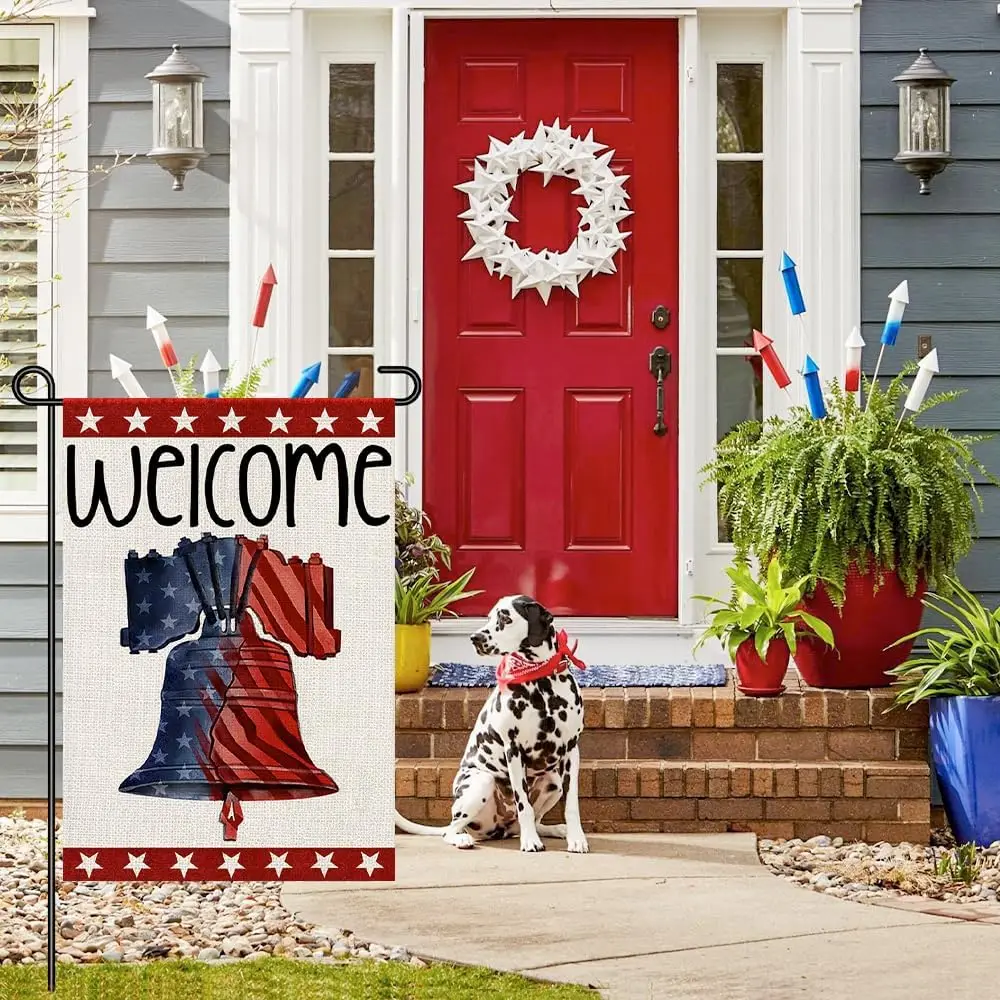 4th of July Welcome Garden Flag Star 12x18 Inch Double Sided Burlap Memorial Day Independence Day Patriotic Small Sign Yard Outd