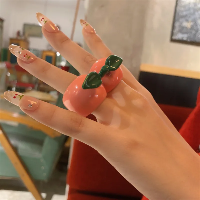 HANGZHI INS Colourful Enamel Oil Drip Irregular Cherry Strawberry Apple Ring Fashion Creative Chunky Jewelry For Women 2025 New