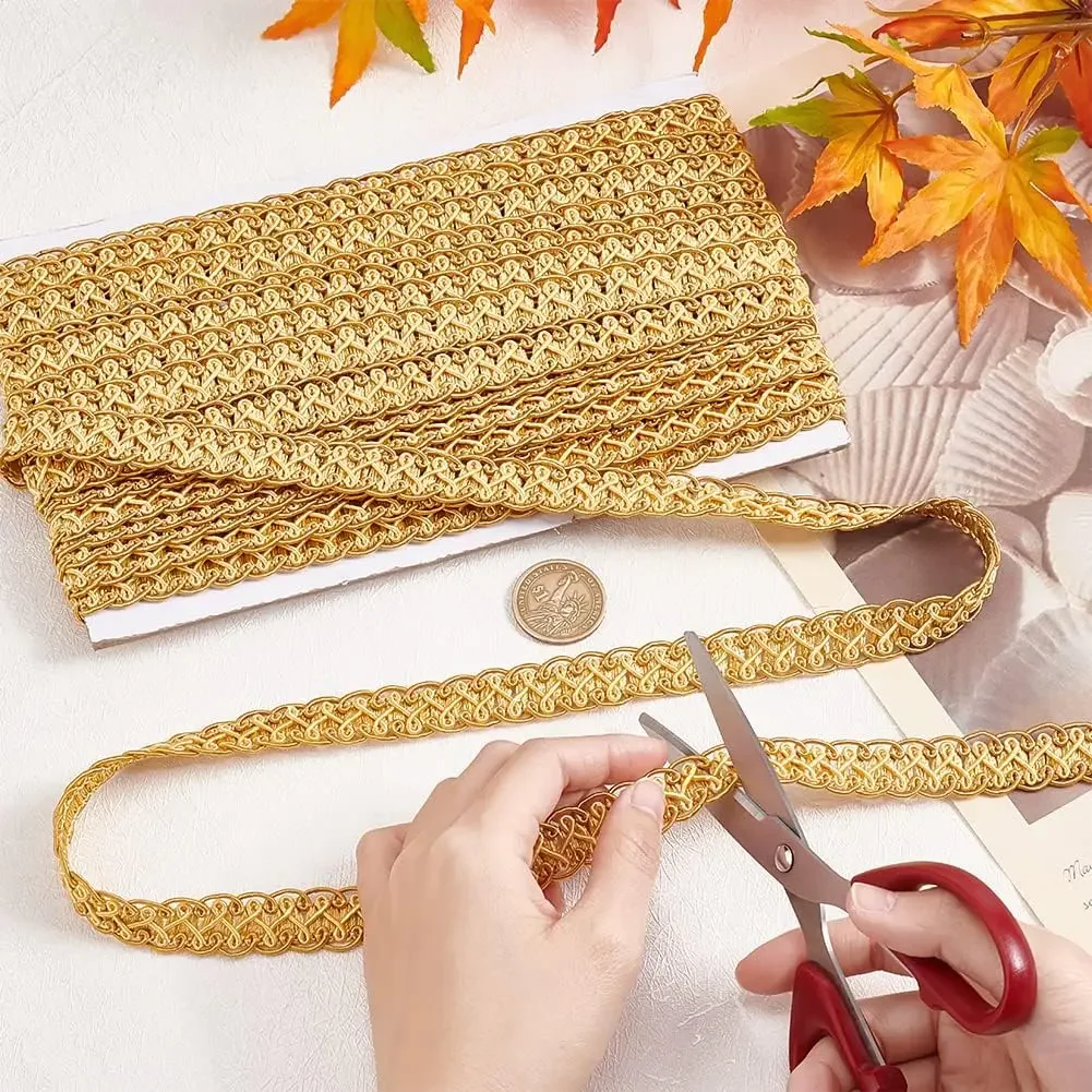 12m/13 Yards Golden Gimp Braid Trim, 15mm/0.6 inch Decorative Woven Braid Trim Sewing Centipede Lace Ribbon Polyester Upholstery