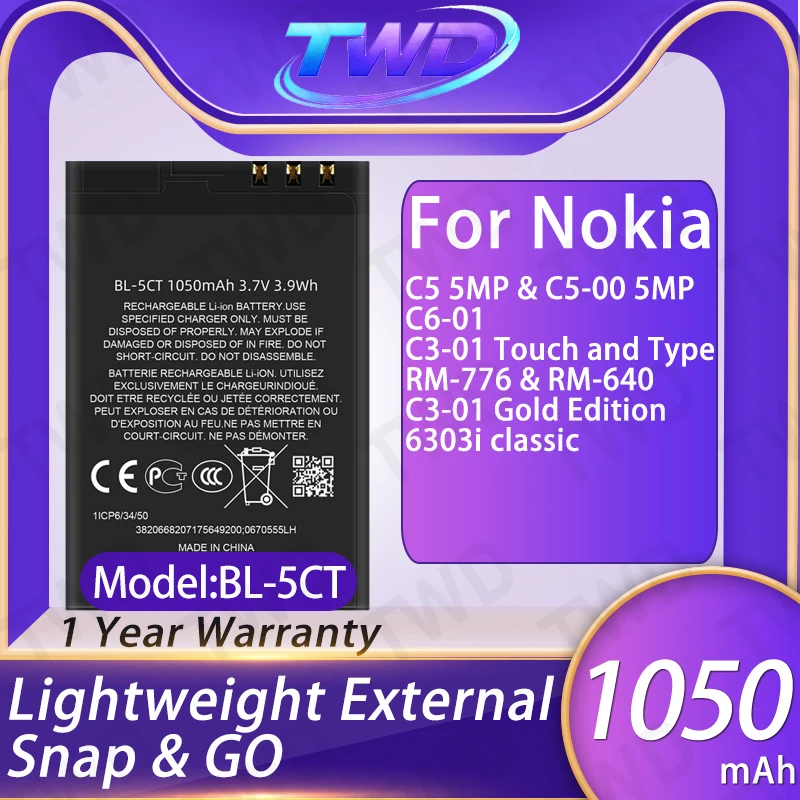 

BL-5CT BL5CT Large capacity Battery For Nokia C5 5MP/C5-00 5MP/C6-01 Batteries New High Quanlity