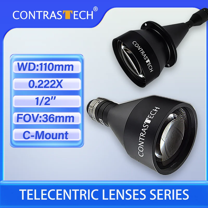 

Телецентрическая линза CONTRASTECH 1/2 дюйма, 210 л.с. Макс. FOV 110 мм 0,222X Дополнительное без искажений машинного зрения для оптической метрологии