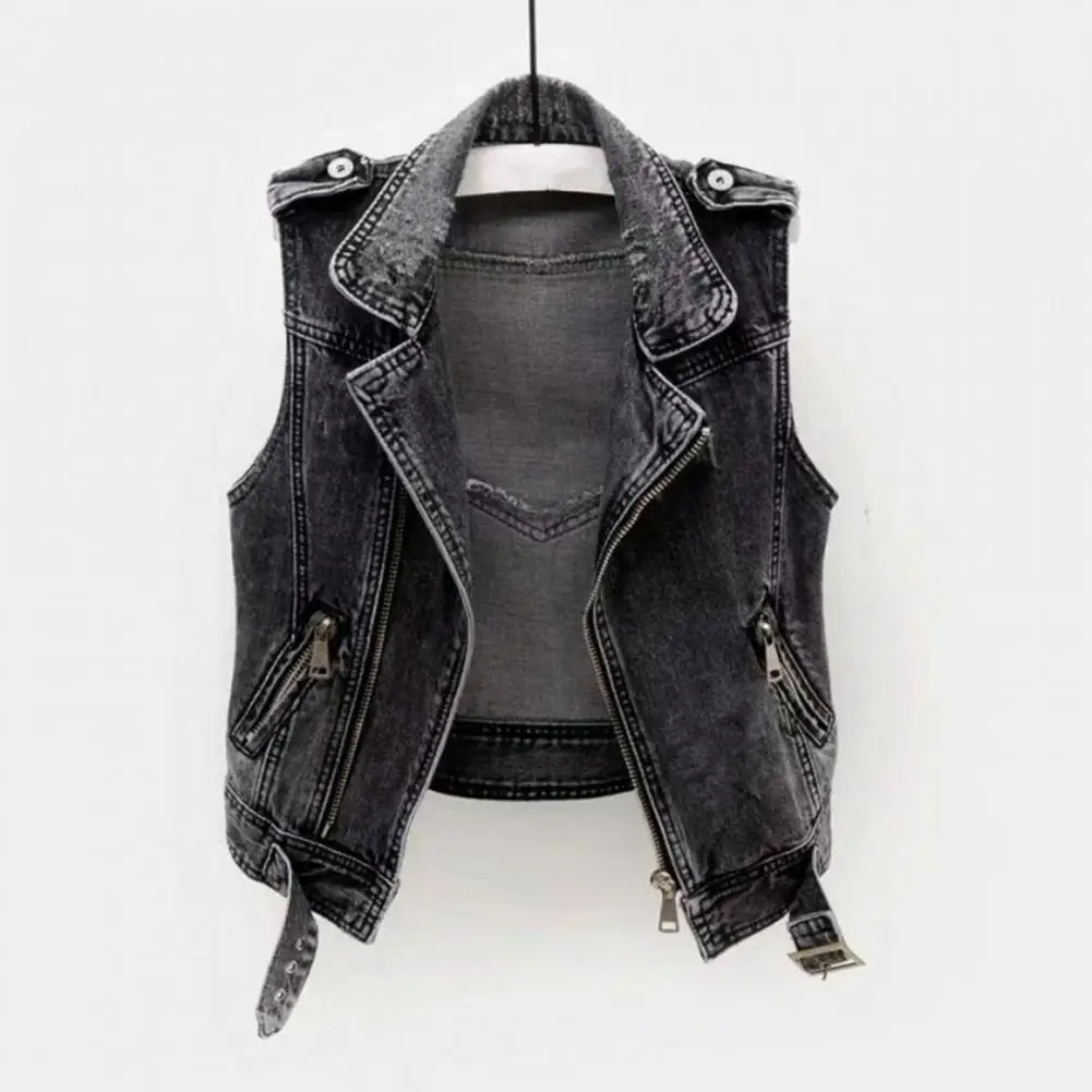 Women Denim Vest Sleeveless Lapel Solid Color Hip Hop Vintage Zip Up Zipper Pockets Plus Size Lady Spring Autumn Short Waistcoat