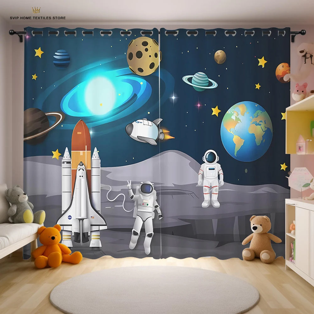 

Cartoon Out Space Curtains for Kids, Galaxy Rocket for Baby Boys Bedroom, Children Astronaut Planet Starry Art Printed, Playroom