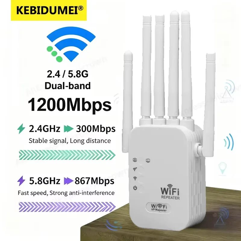 

Kebidumei 1200Mbps WiFi Repeater Wireless Router WIFI Extender Amplifier Dual Band 2.4G/5GHz Signal Booster Long Range Network