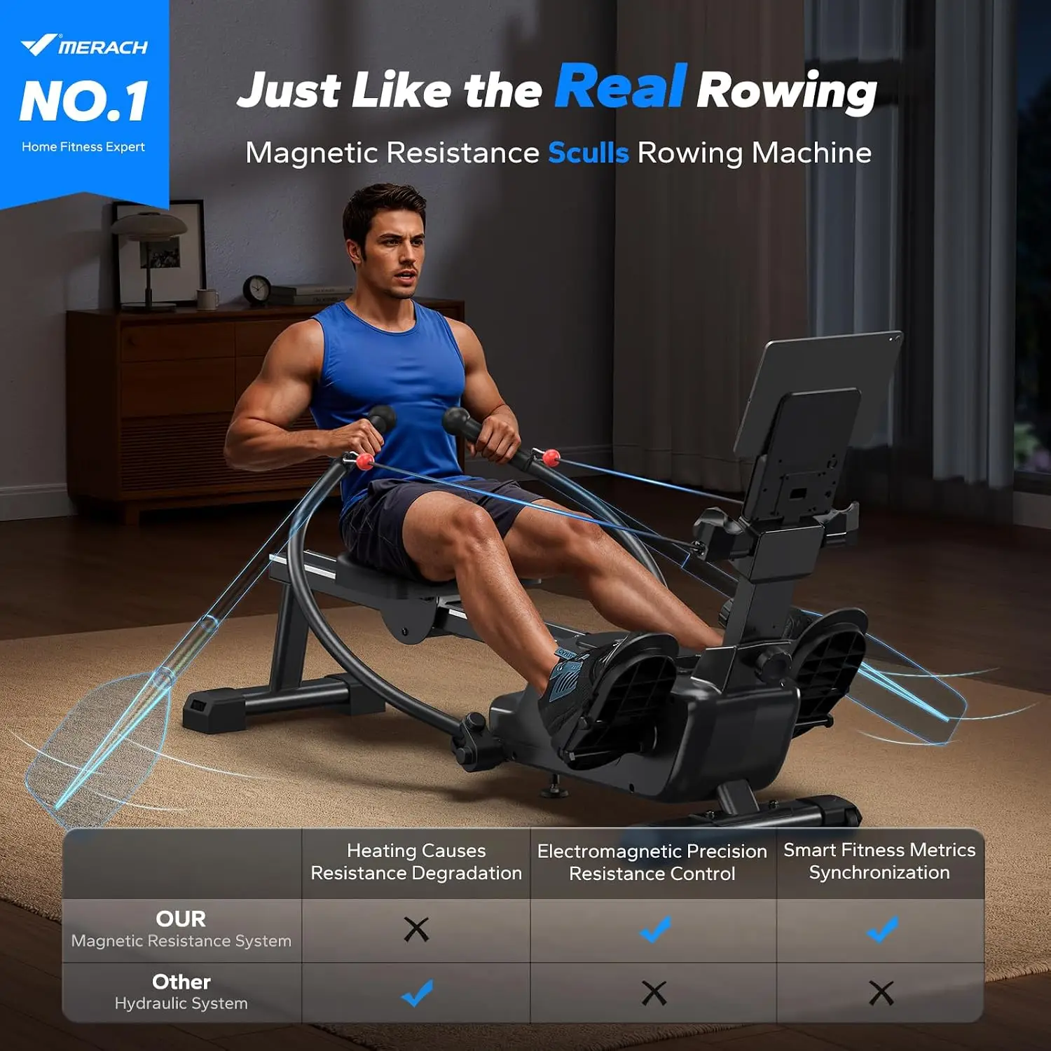 Rowing Machine for Home Use, Scull Rower Simulating Real Rowing Motion, Ergonomic Seat