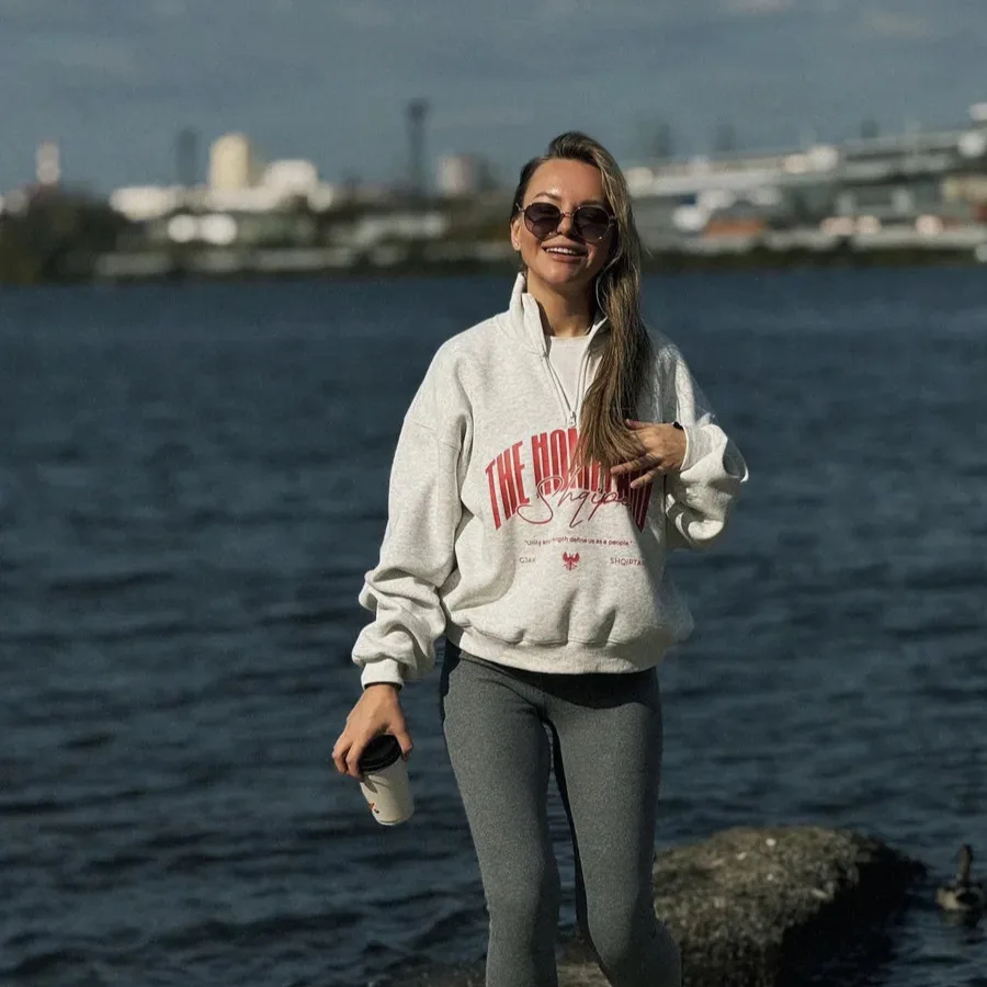 European Retro Letters Design Sweatshirts Zipper Stand Collar Loose Sports Hoodies College Women Russian Girls Large Size Tops
