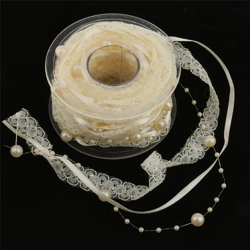 1cm Round Pearl with Lace Satin ribbon set 5M /10M Wedding Ribbons DIY hair cloth accessories Valentine Birthday gift home decor