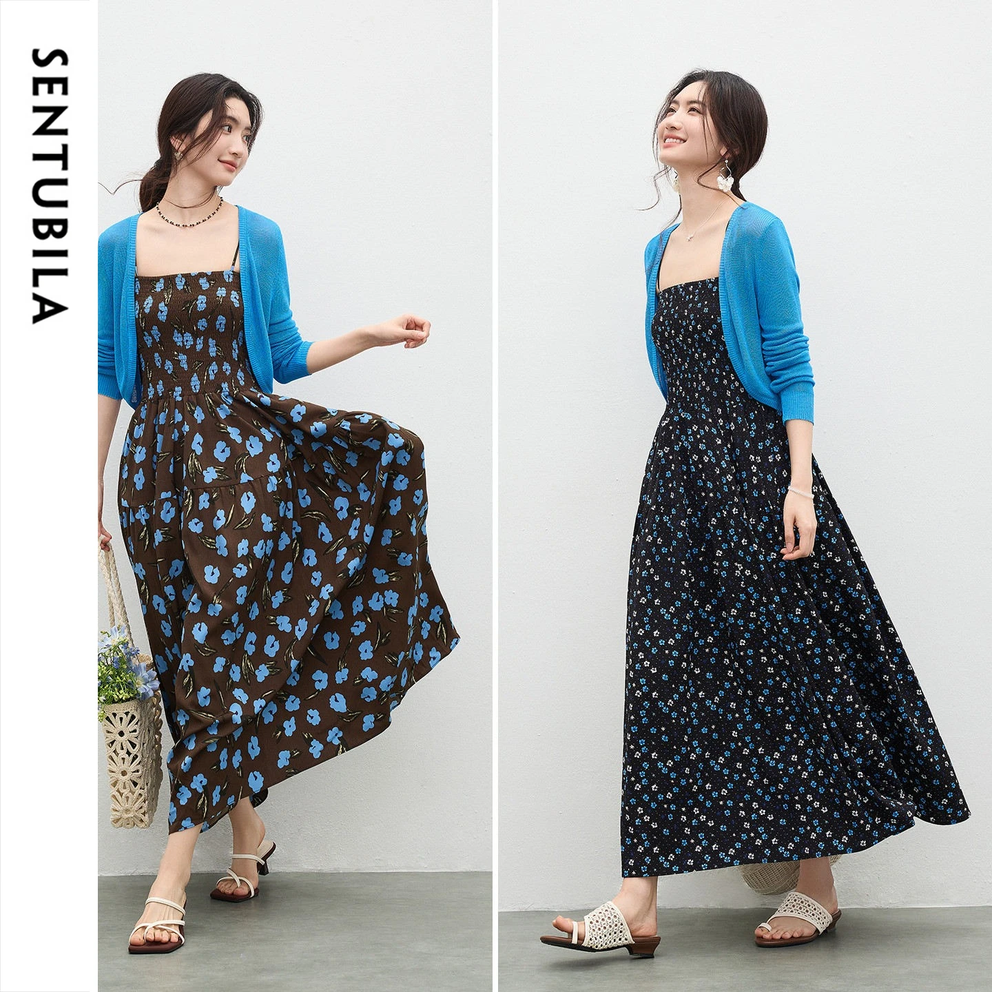 SENTUBILA 2026 Summer Elegant 2 Piece Set Woman Elegant Outfits Knit Cardigan Printed Camisole Long Dress Clothing Set 762ZB7568