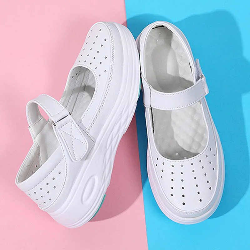 Women\'s Shoes Women Genuine Leather Sneakers Slip on Platform Wedges White Ladies Loafers Casual Flats Comfortable Nurse