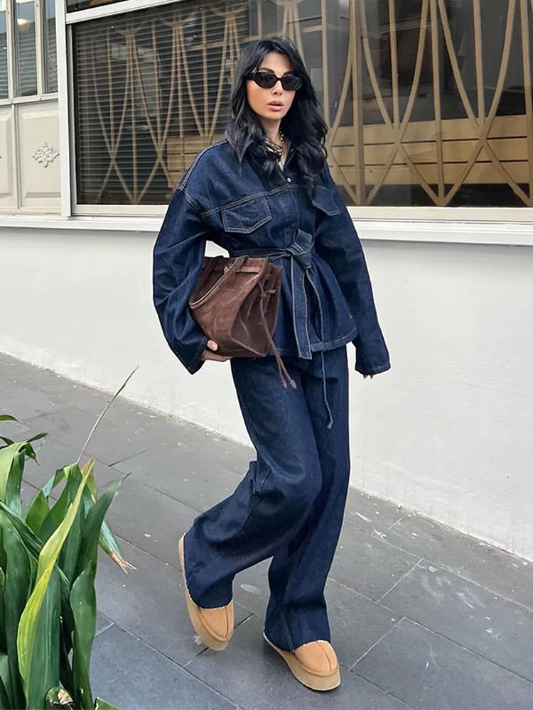 

Women's Vintage Denim Set Long Sve Collar Wide Leg Jeans Jaet Spring Autumn New Sle Faionable Two-Piece Suit