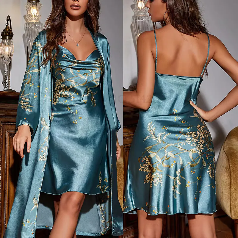 

Female 2Pcs Robe Set Suspender Nightgown Pajama Print Cherry Kimono Bathrobe Gown Summer Sleepwear Satin Homedress Loungewear
