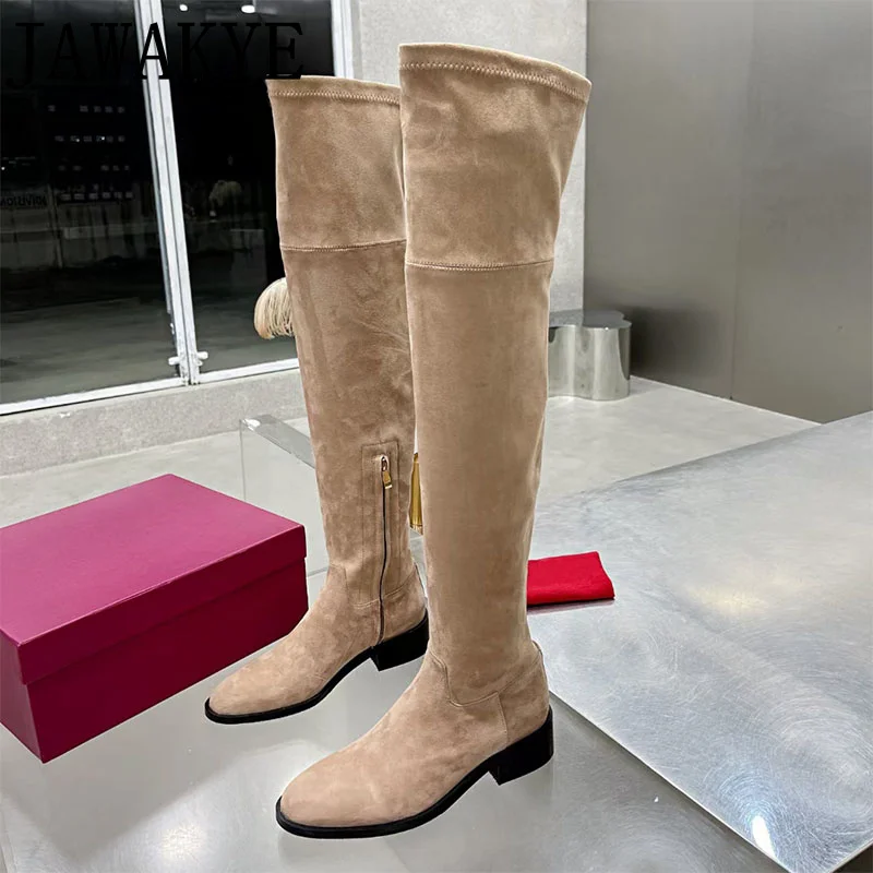 Designer Genuine Leather Thigh High boots Chunky Heel Women\'s Long Boots Runway Round Toe Suede Dress Shoes Over the knee boots