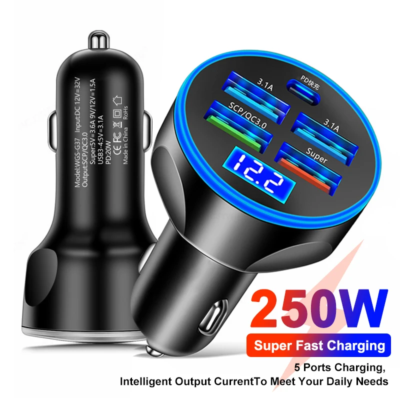 5 Ports Charging usb 250W Car Charger Type C PD QC 3.0 Fast Charging Auto Mobile Phone Adapter For iPhone Samsung Huawei Xiaomi