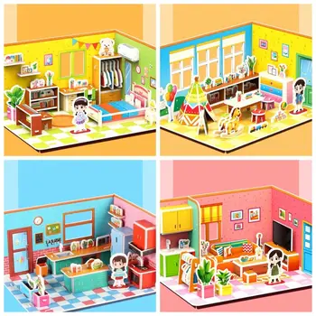 Rompecabezas 3D de dibujos animados, juguetes de cartón de construcción, rompecabezas educativo hecho a mano, bricolaje, habitación, dormitorio, cocina, juguetes de rompecabezas de papel para niñas