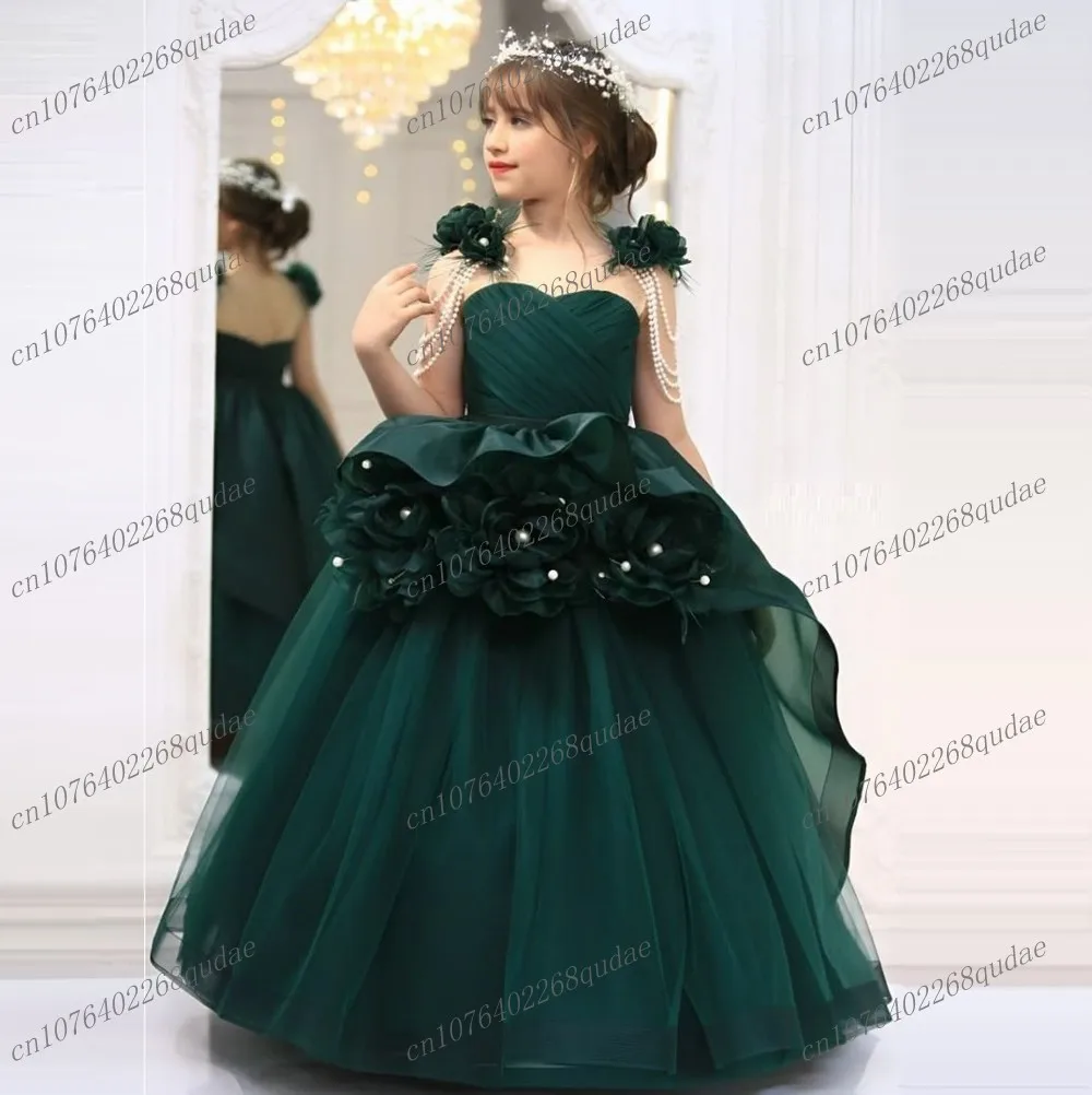 

Green Handmade Princess Flowers Flower Girl Dresses Wedding Party Tulle Ball Gown Sleeveless Pageant Gown First Communion Dress