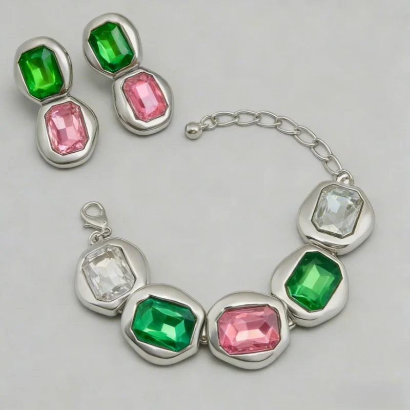 مجموعة أقراط سوار من الأحجار الكريمة المربعة هندسية ملونة مبالغ فيها للنساء مجموعة مجوهرات فاخرة أنيقة هدية للذكرى السنوية للحفلات