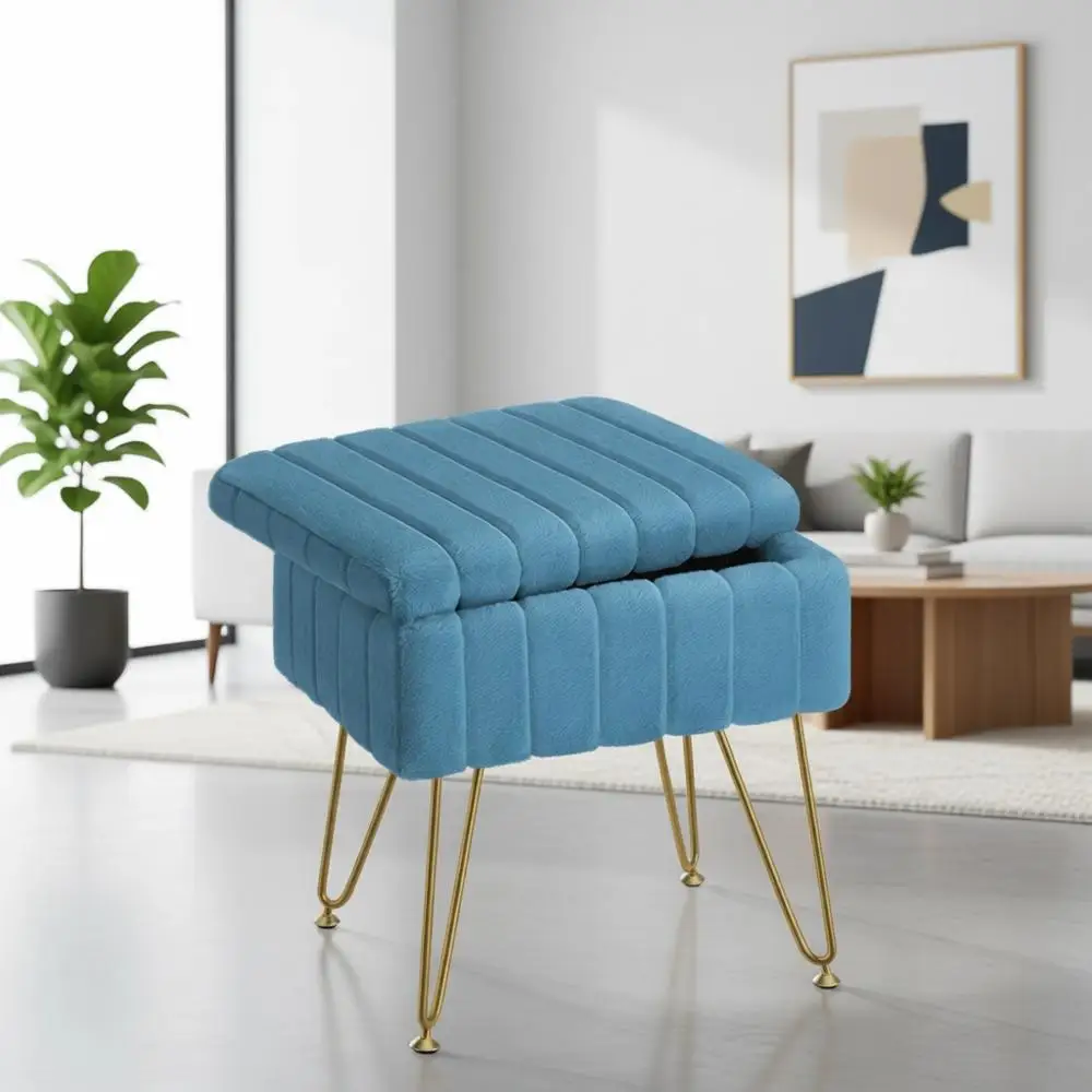 

Blue Vanity Stool with Storage, 15.7L x 11.8W x 19.4H Ottoman, Metal Legs, Anti-Slip Feet, Padded Seat, Multifunctional for Make