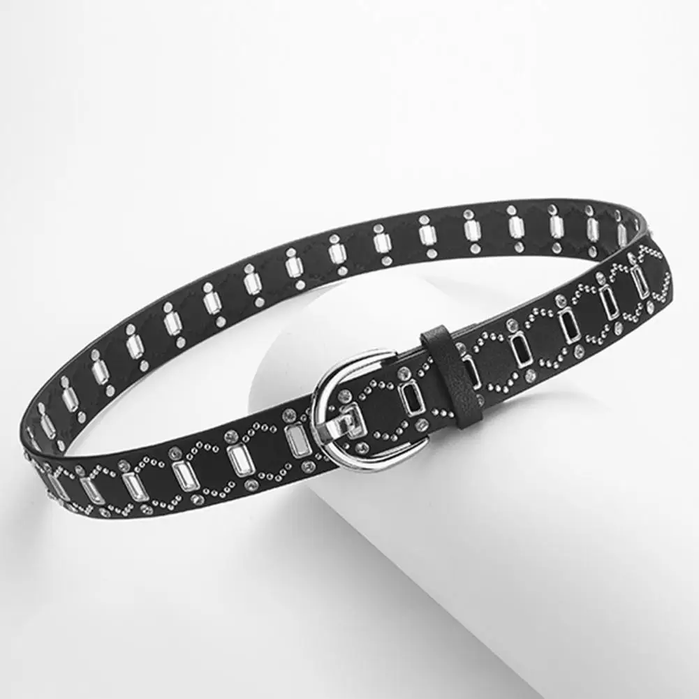 Metal Embellished Belt Punk Style Rivet Decor Women's Belt with Adjustable Length Multi Holes Design Faux Leather for A