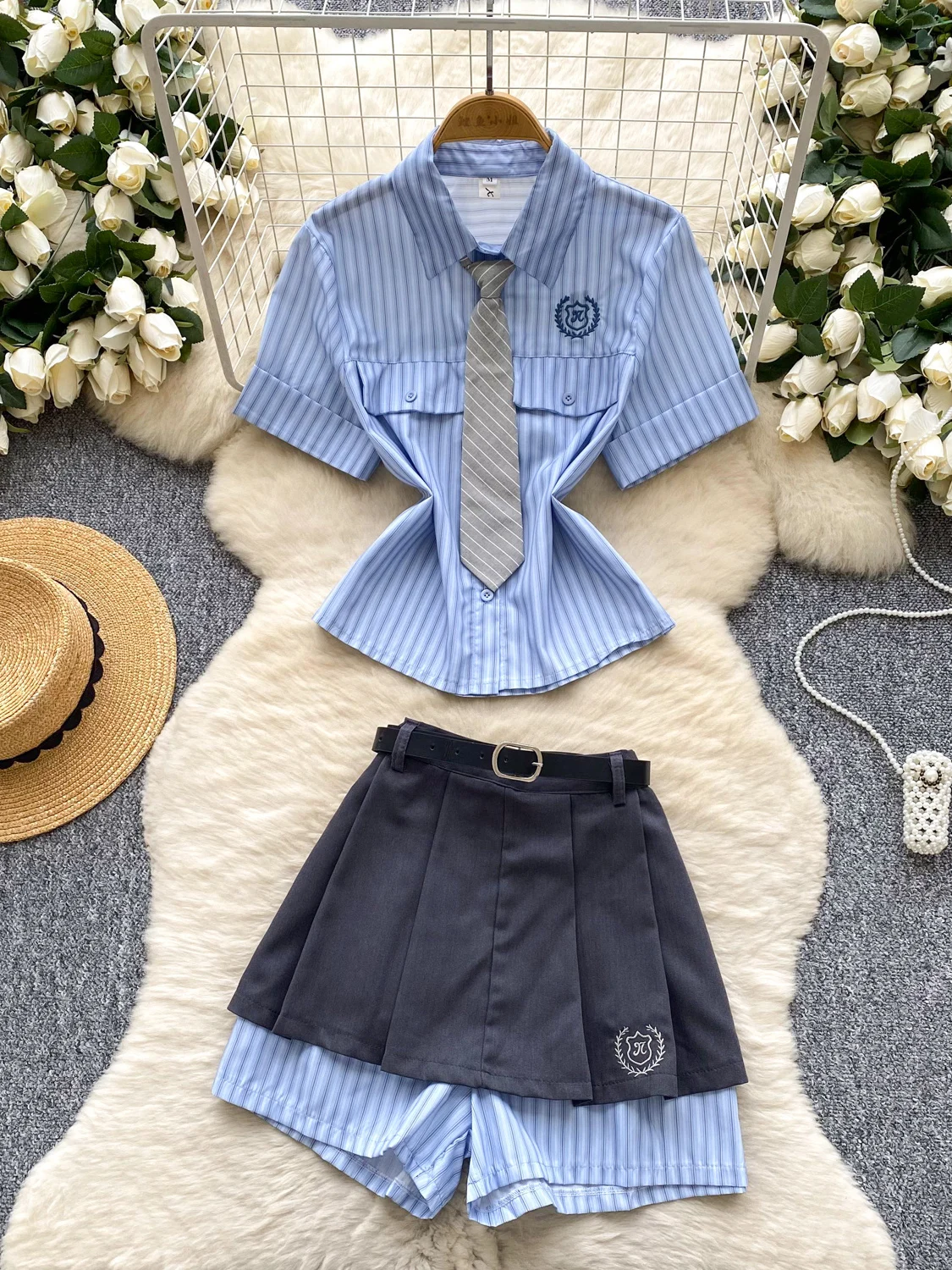 Spicy Girl School Sle Set High Waist ort Sve irt plus  Skirt Pants Striped Faionable Two-Piece Women's Outfit
