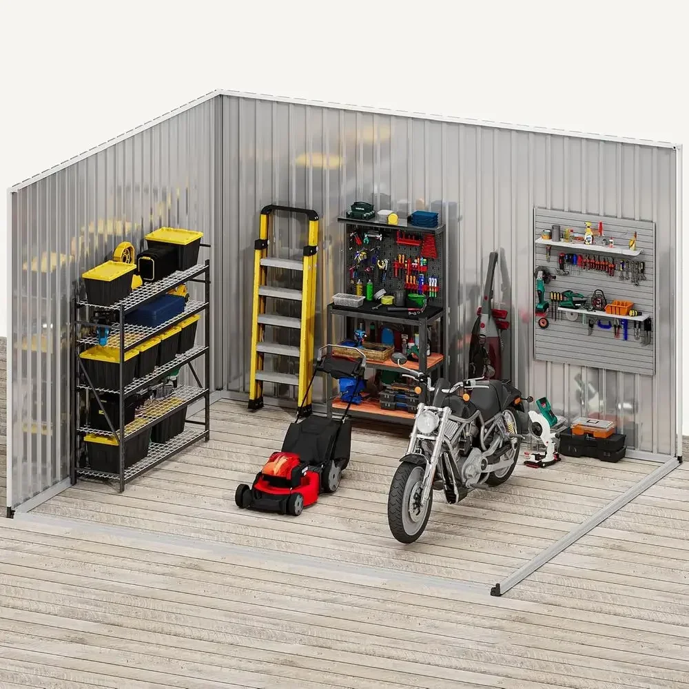 10x8ft Outdoor Metal Storage Shed with Window, Lockable, Gray and White