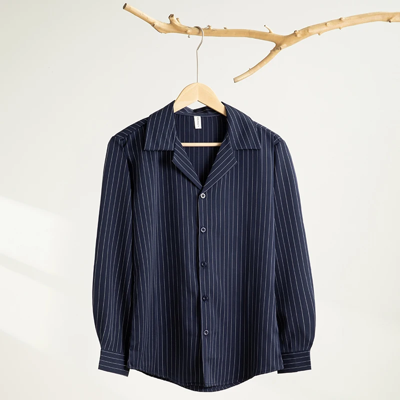 Retro Japanese Style Men's Shirt Vertical Stripes Casual Long Sleeve Spring Fashion Business Outerwear No Ironing Required