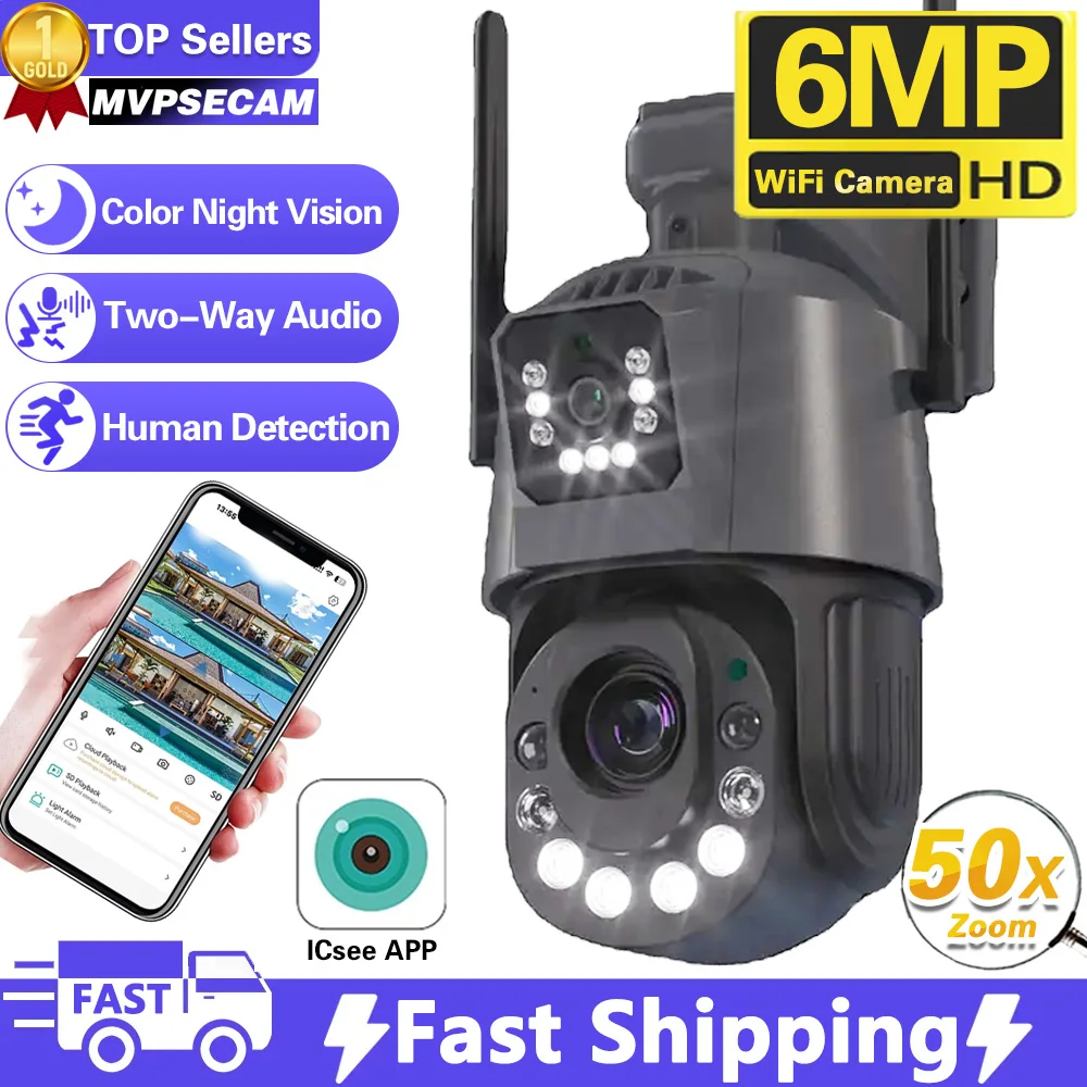 6MP Wifi PTZ IP Camera Outdoor Dual Lens Dual Screen 50x 30X Zoom Human Detection Wireless CCTV Security Surveillance Camera 2K