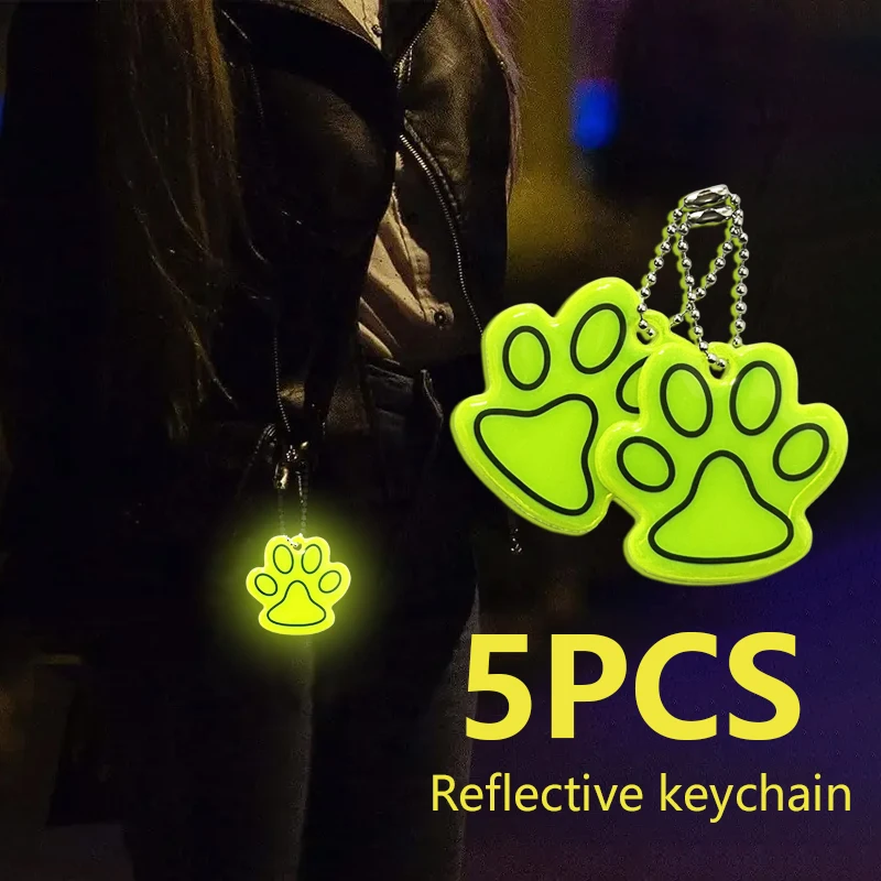 5PCS Fluorescent Green Night Reflective Pendant Cute Cat Paw Shaped Keychain Pendant Small Gift