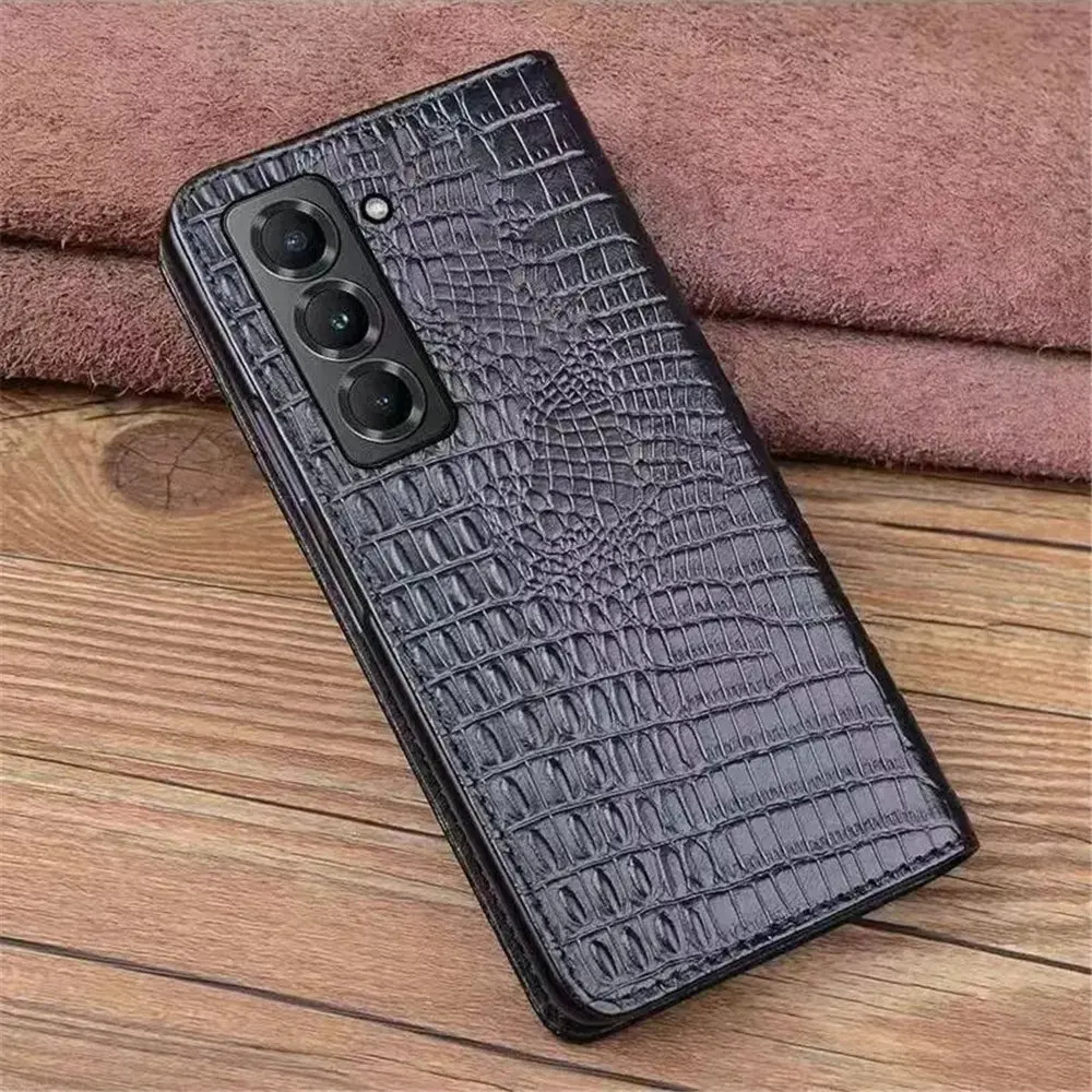 Premium Natural Cowhide Leather Magnetic Flip Case for Samsung Galaxy Z Fold6 5 4 W25 Crocodile Full Cover