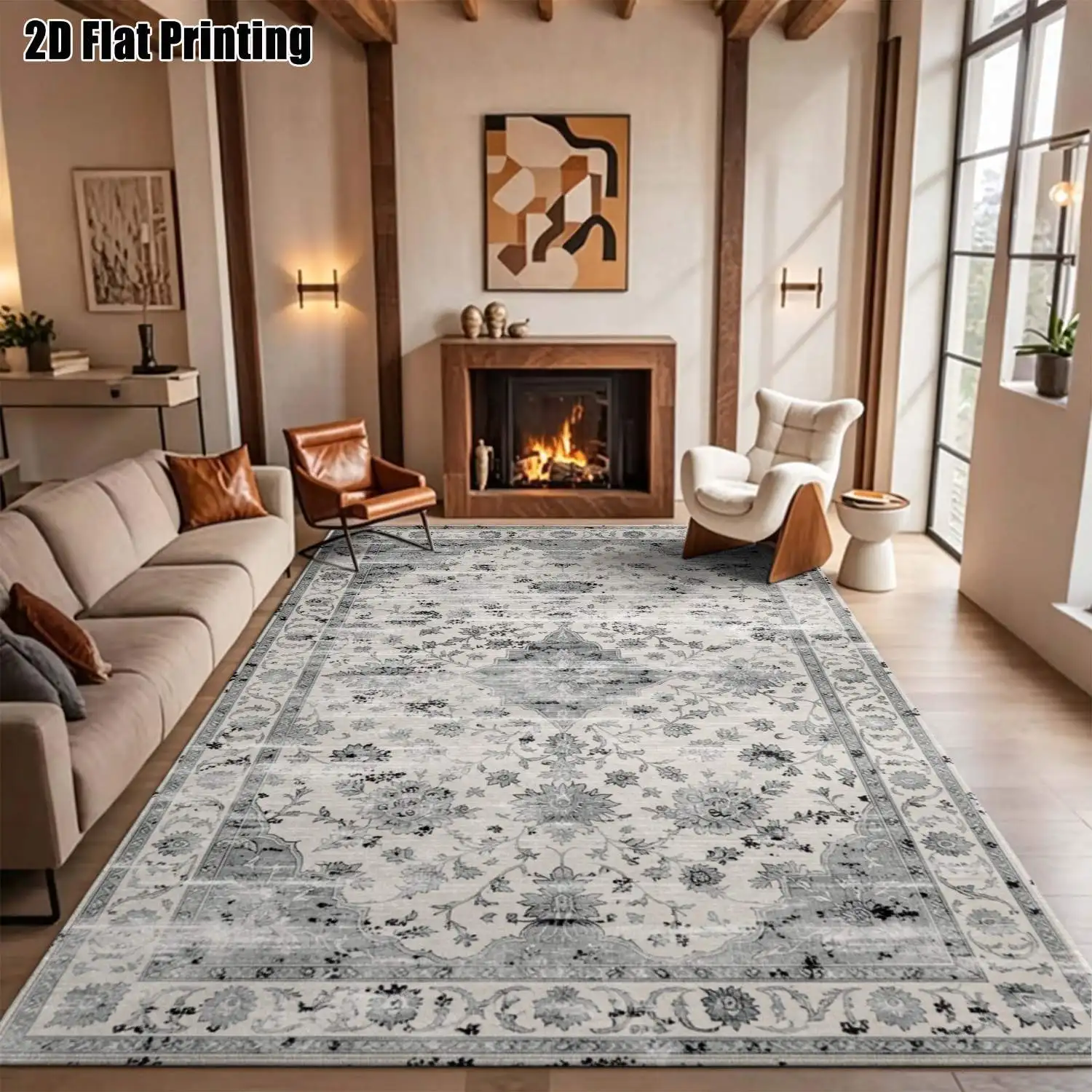 1Pc 2D Printed Retro Blue-Grey Floral Carpet European, Modern Minimalist, Instagram, Bohemian Style, Geometric Striped Floor Mats. Multi-Size, Machine Washable, Ideal for Entrance, Dining Room, Foyer, Bedroom, Living Room Home Decor.